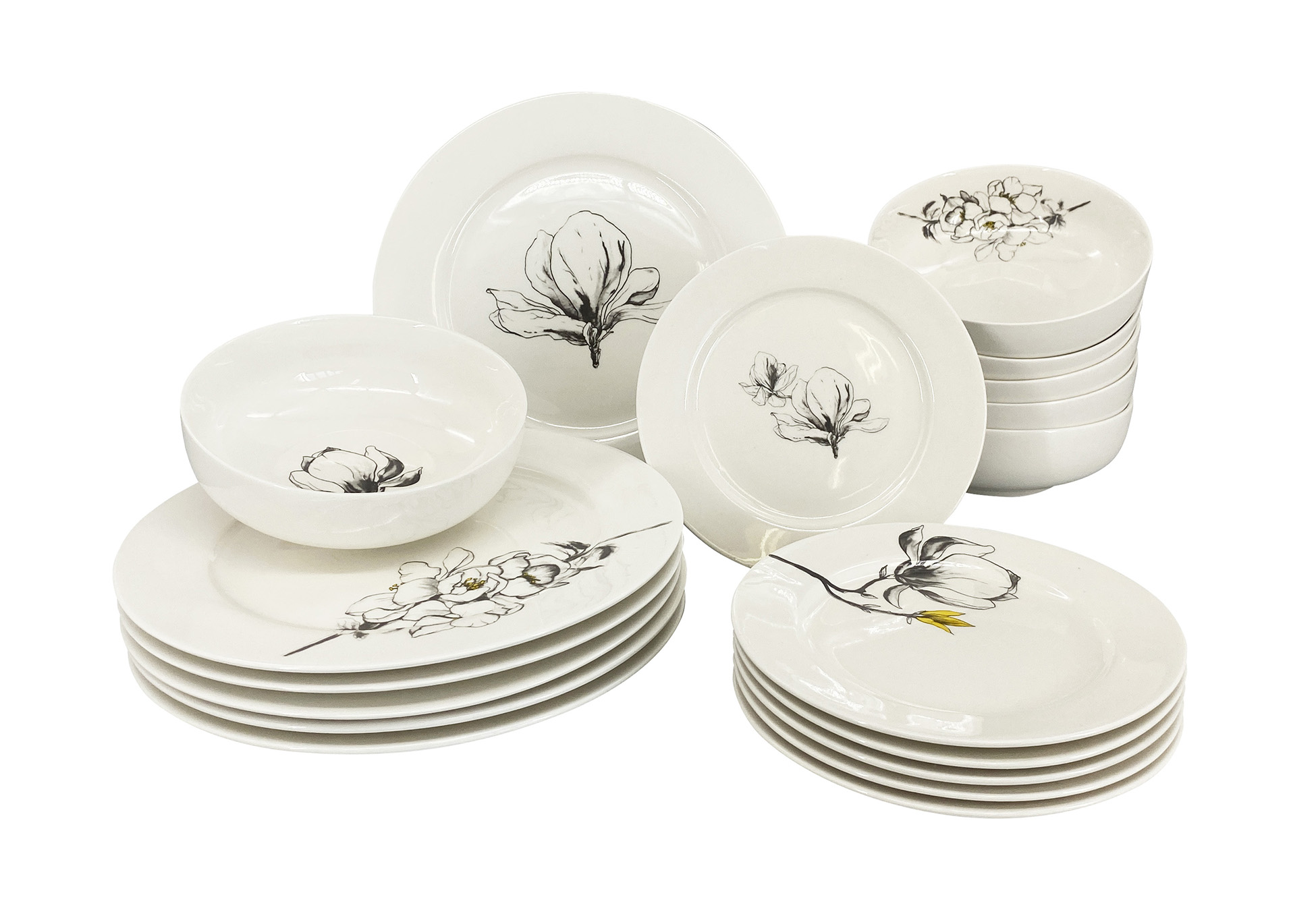 7310-18-28 Porcelánová jídelní sada nádobí FINE TWIG pro 6 osob s nádherným motivem magnólii od by inspire